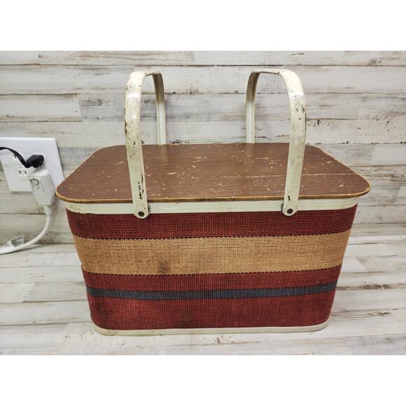 Vintage Red White Blue REDMON Woven Picnic Basket PATRIOTIC Americana Metal Hand - Picture 1 of 12